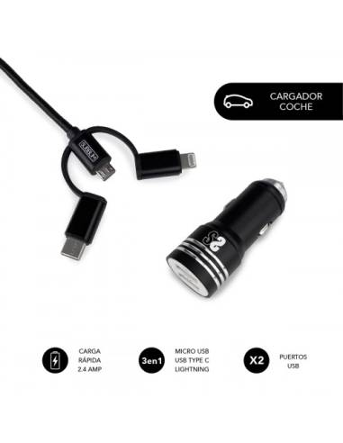 CARGADOR USB SUBBLIM 2.4A 2XUSB BLACK PARA COCHE + CABLE 3 EN 1 MICRO USB / USB-C / LIGHTNING