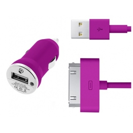 Cargador USB HT 5V 1A Purple para Coche + Cable Apple 30 PIN